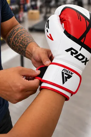 Vendeur Tahitian Indoor Sports ajustant la sangle d un gant de boxe RDX dans la boutique de Punaauia