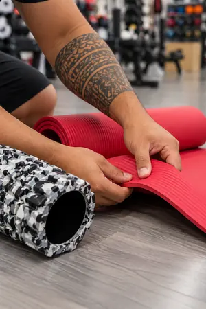 Vendeur Tahitian Indoor Sports montrant l epaisseur d un tapis de sol a cote d un rouleau de massage, boutique de Punaauia